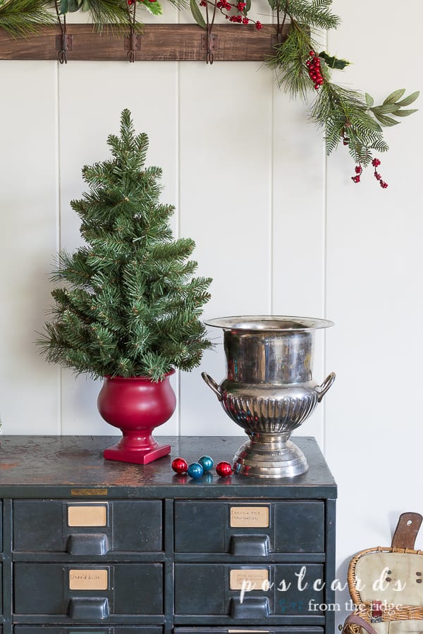 tabletop tree and vintage champagne ice bucket