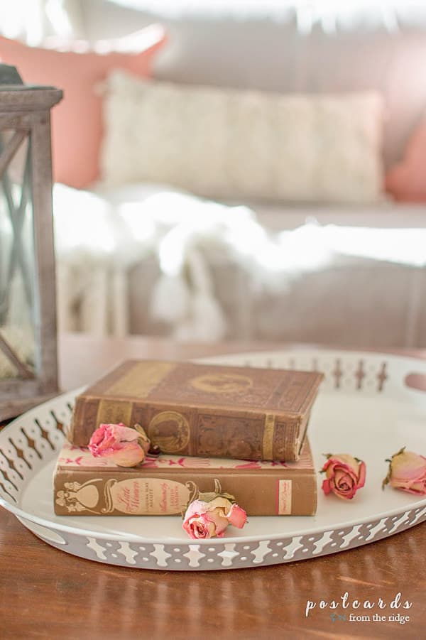 old books and dried roses on an oval white metal tray