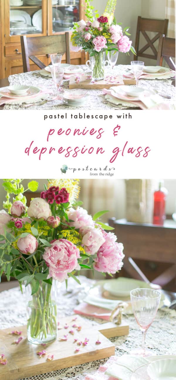 pink depression glass and peonies on a pastel spring table