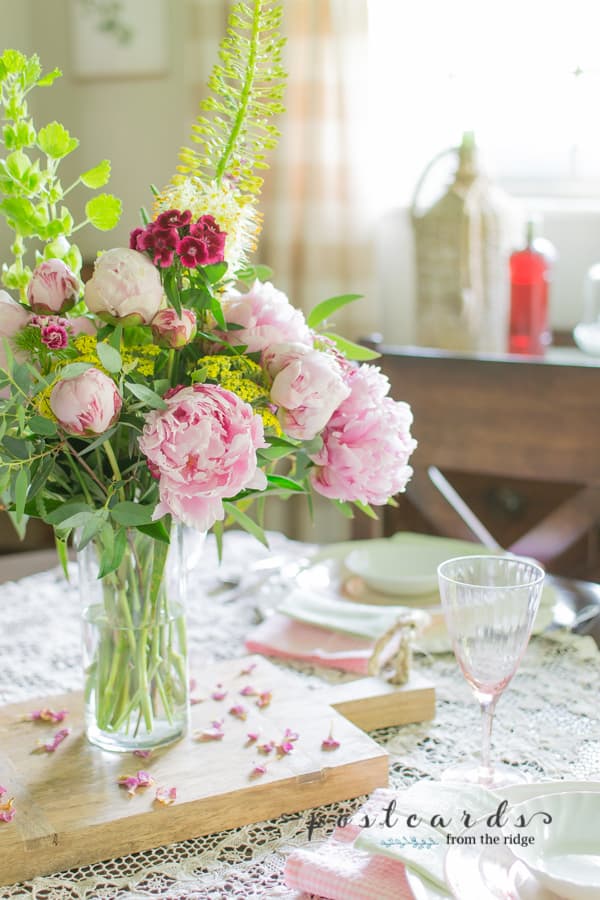 pink depression glass and pink peony centerpiece