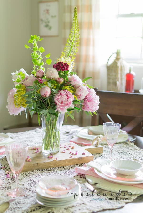 vintage pink depression glass and pink peonies