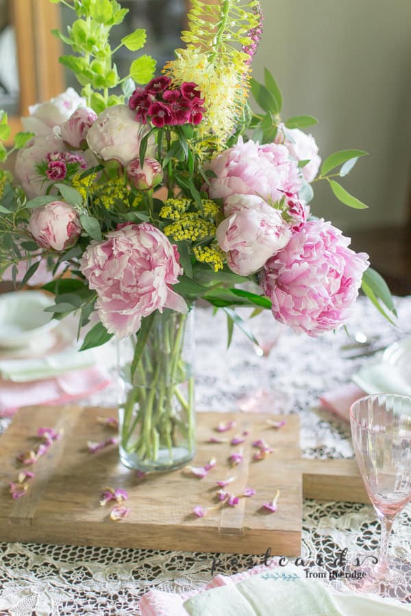 Spring Tablescape with Pink Peonies and Depression Glass
