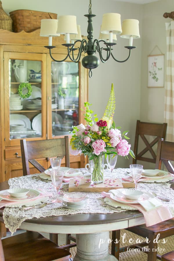 pastel spring tablescape with peony centerpiece