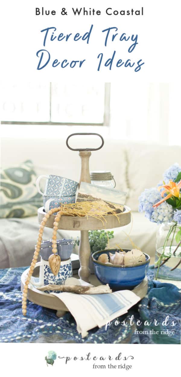 tiered tray decor with blue and white coastal theme