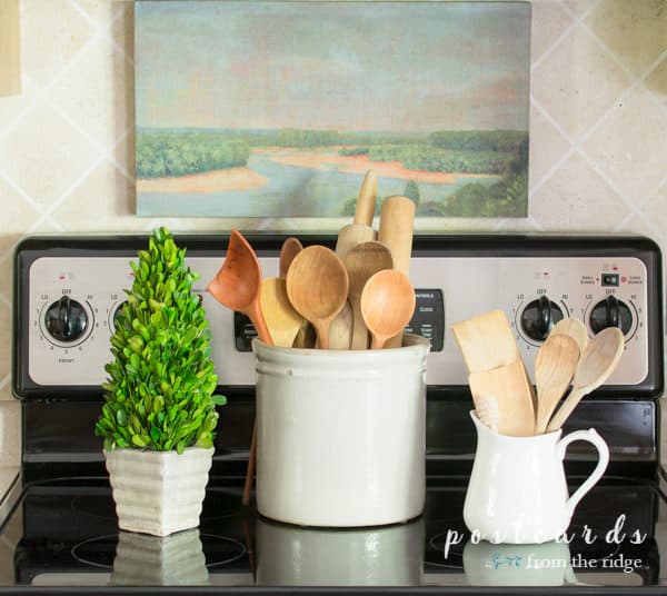 vintage wooden kitchen utensils and preserved boxwood topiary