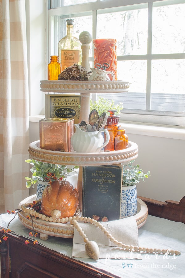 three tier wood tray decorated for fall