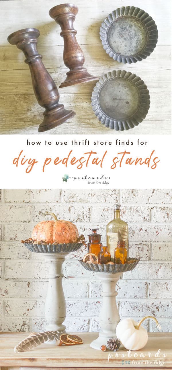 wooden candleholders and tart pans made into pedestal stands