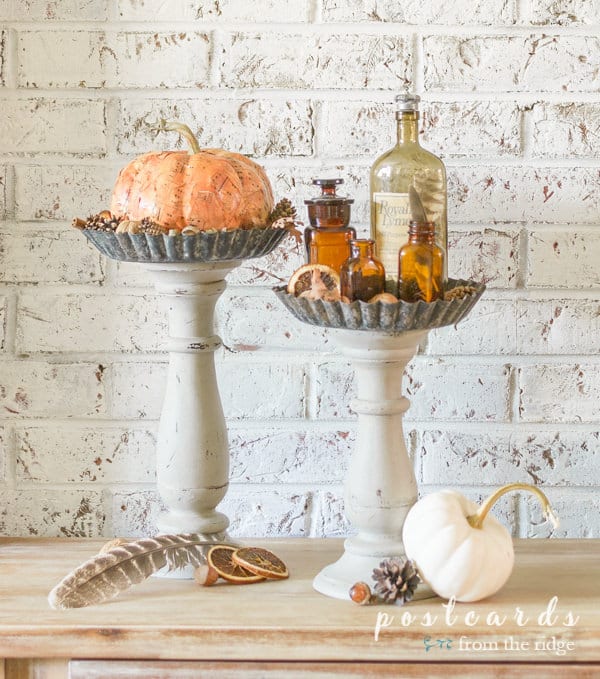 diy pedestal stands made with candleholders and tart pans with fall decor
