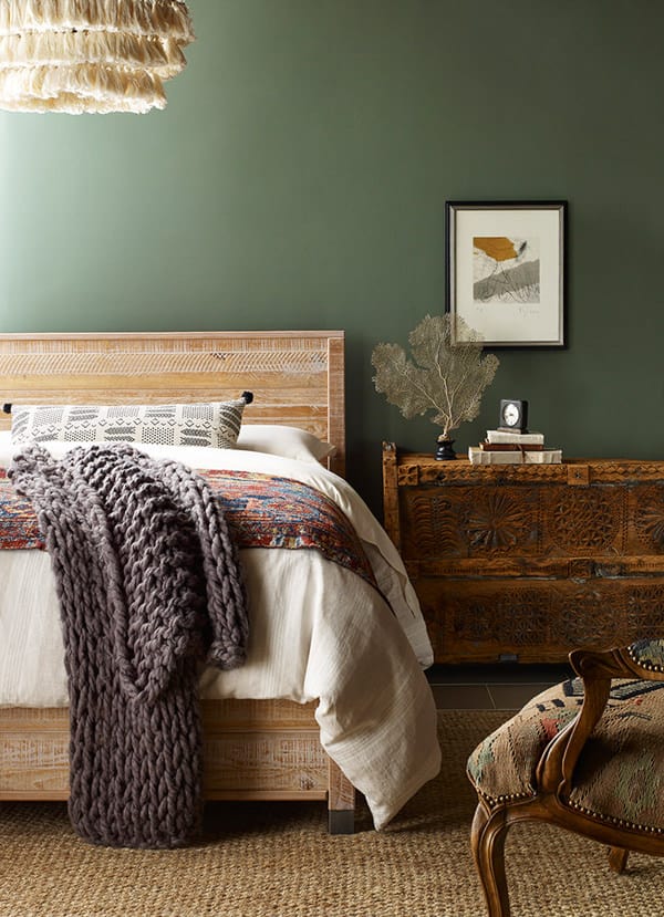 boho bedroom painted with Sherwin Williams Rosemary