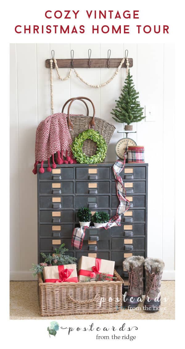vintage industrial metal cabinet decorated for Christmas