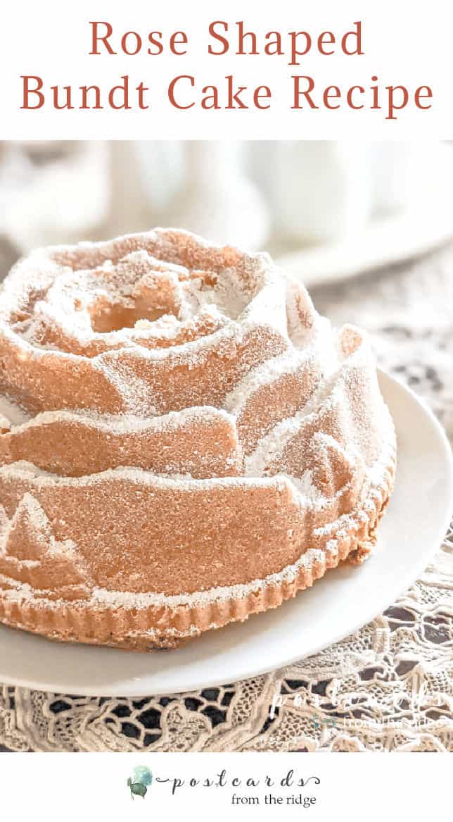 rose shaped pound cake sprinkled with powdered sugar