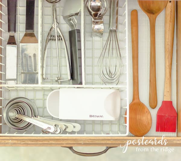 kitchen drawer with baking gadgets in wire tray on Duck Brand Smooth Top EasyLiner