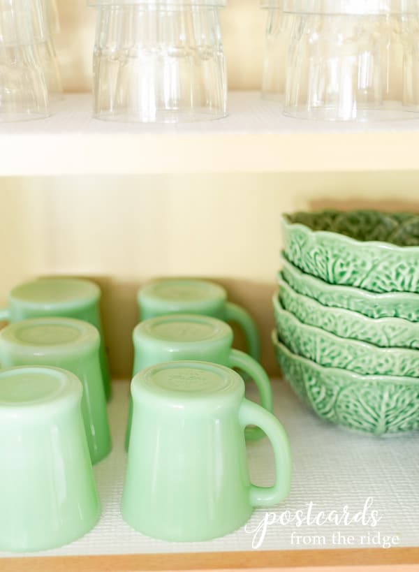 glassware and vintage jadeite mugs on Duck Brand Smooth Top EasyLiner