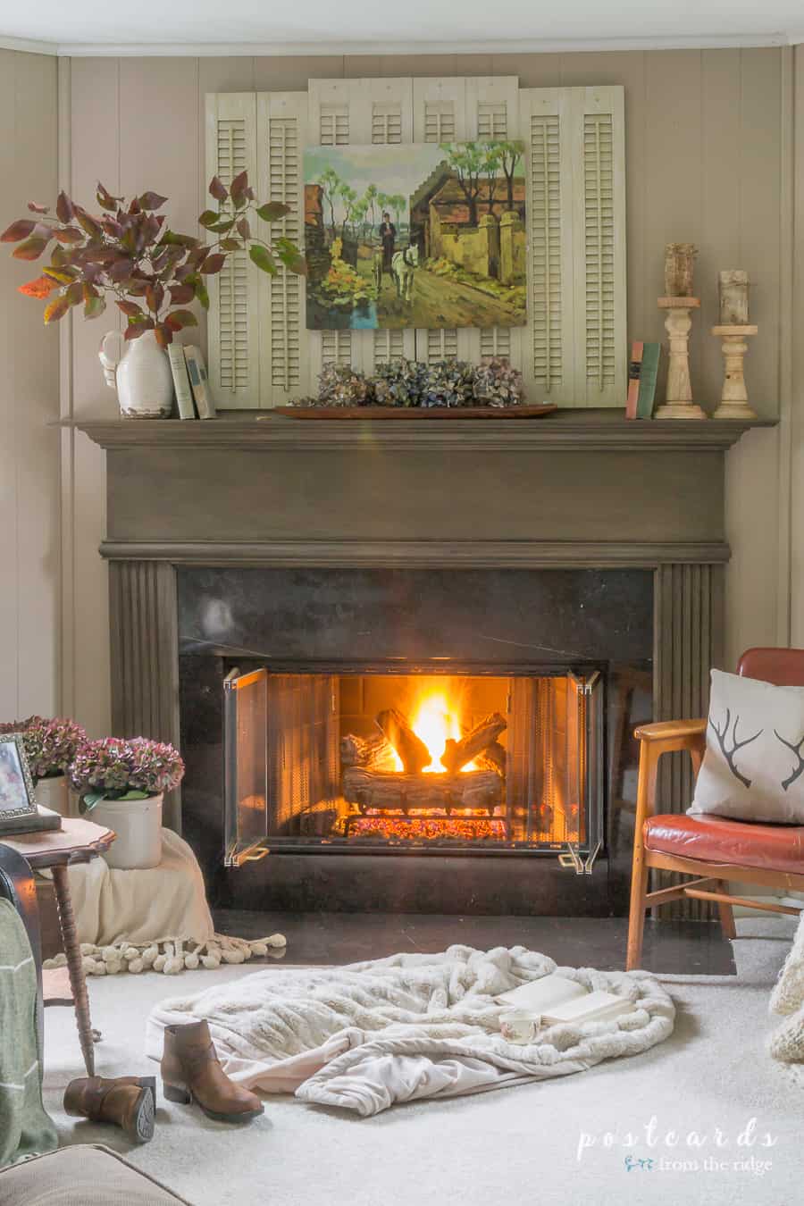 fall mantel with reclaimed shutters and vintage decor