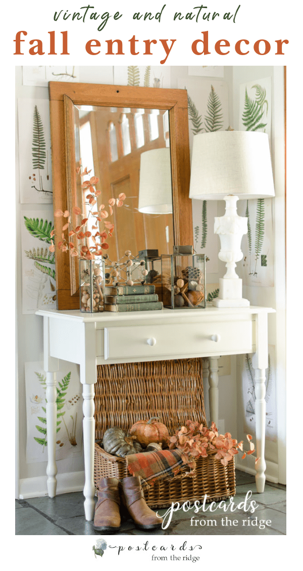 fall entry with white table and vintage decor