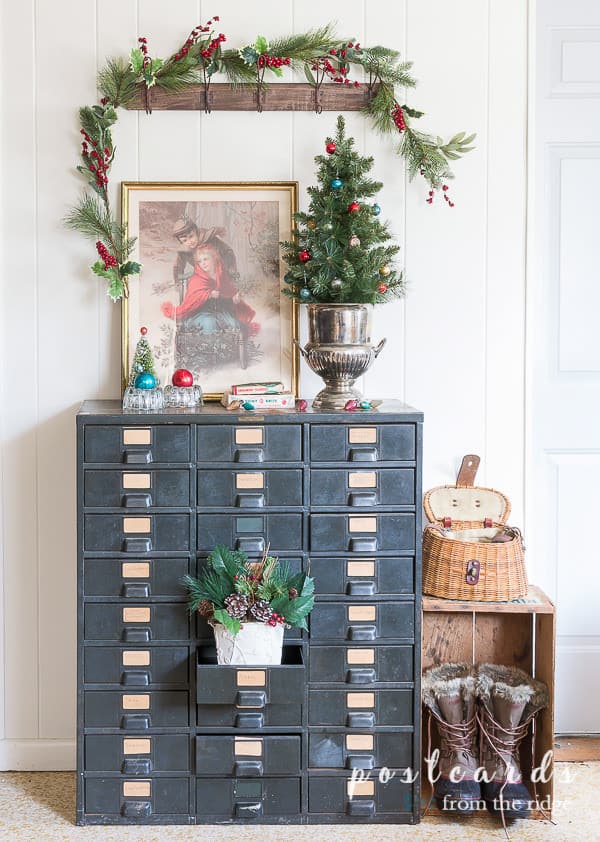 vintage Christmas decor with champagne bucket repurposed as table top Christmas tree stand