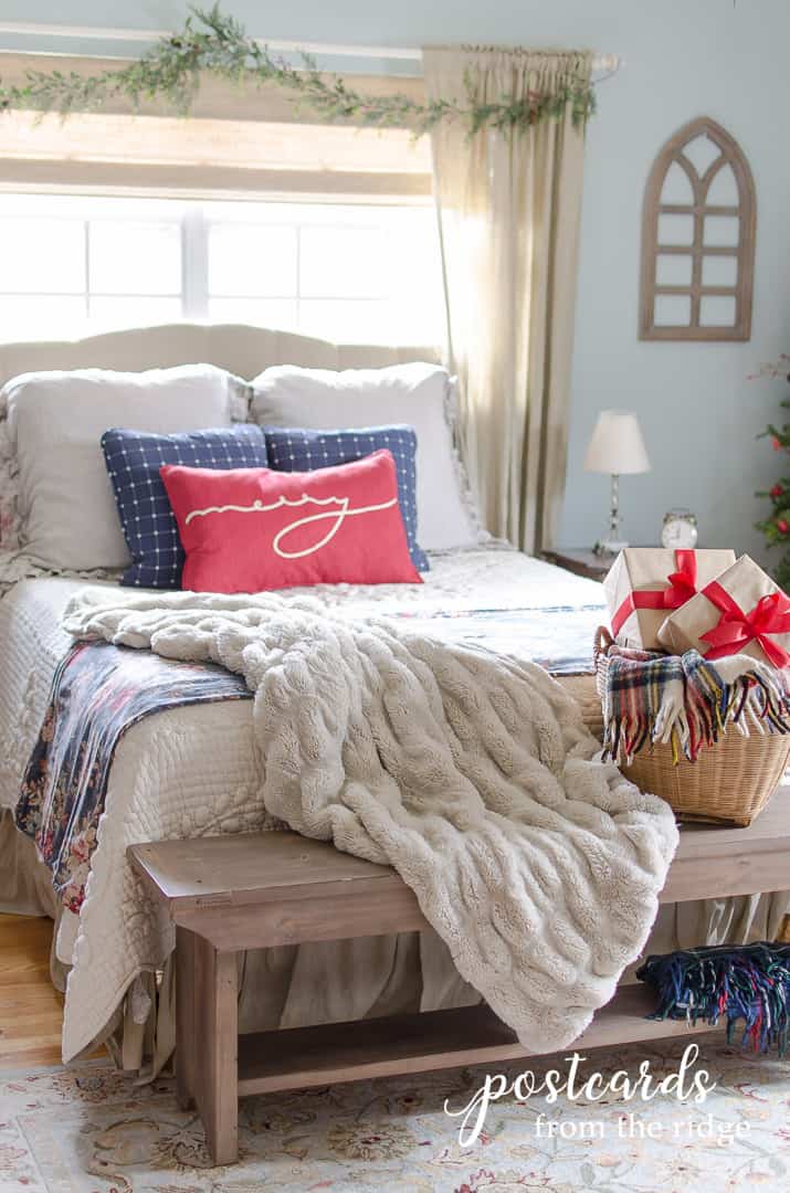 Christmas bedroom with navy and red accents