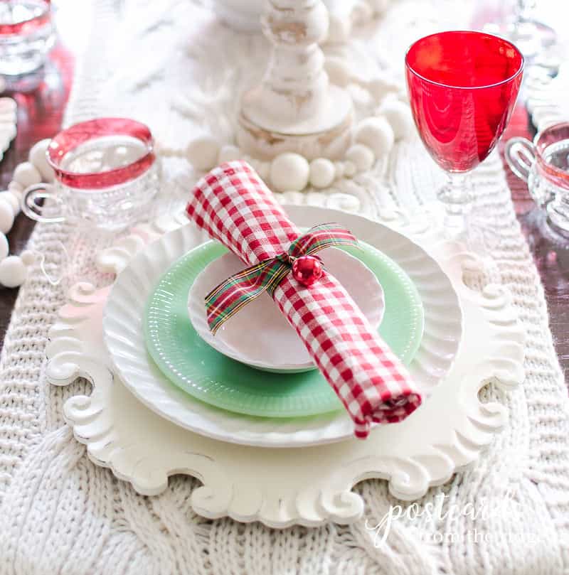 Christmas table decor with vintage jadeite and red goblets