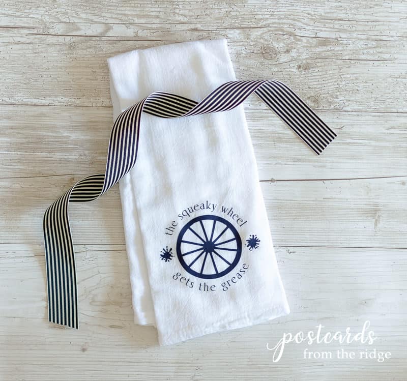 tea towel personalized with Cricut iron-on