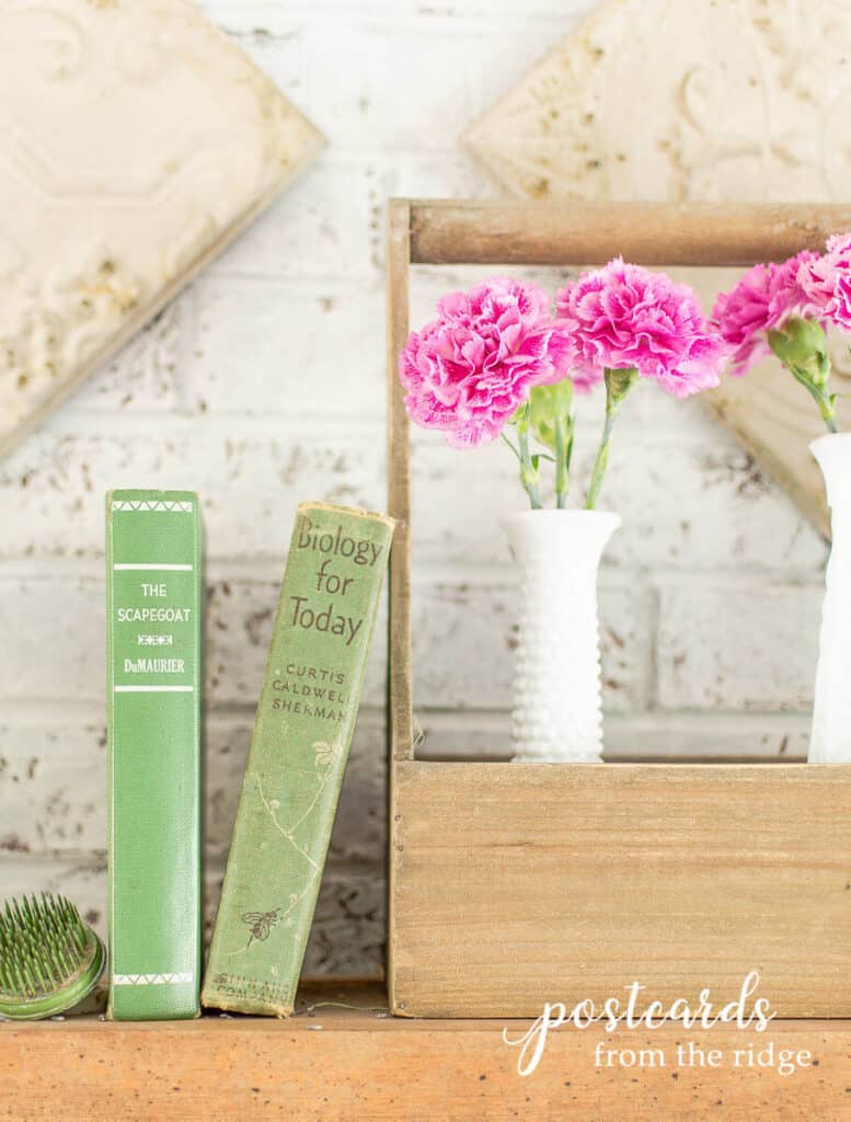 pink carnations in vintage white milk glass and old green books