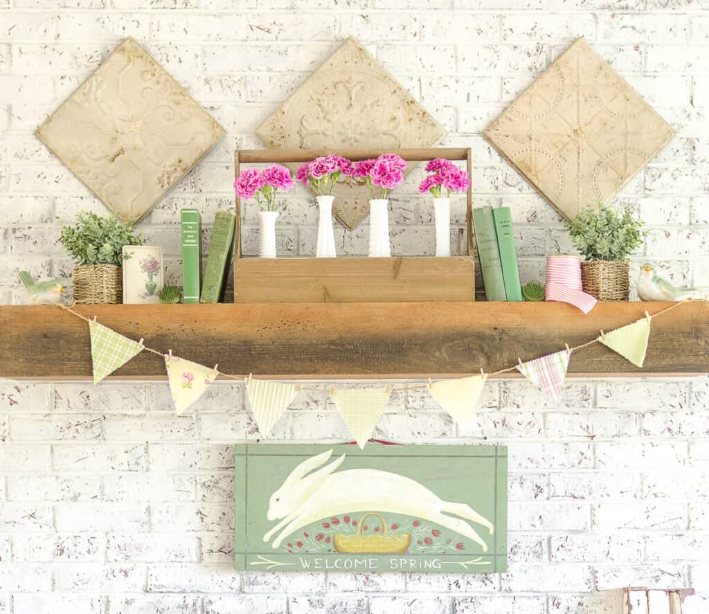 spring mantel with pink and green