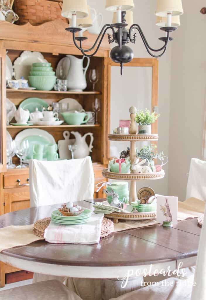 spring table decor with tiered tray and vintage jadeite