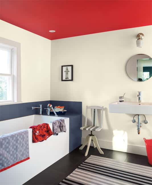 red white and blue bathroom with benjamin moore tomato tango, stoneware, and andes summit paint colors