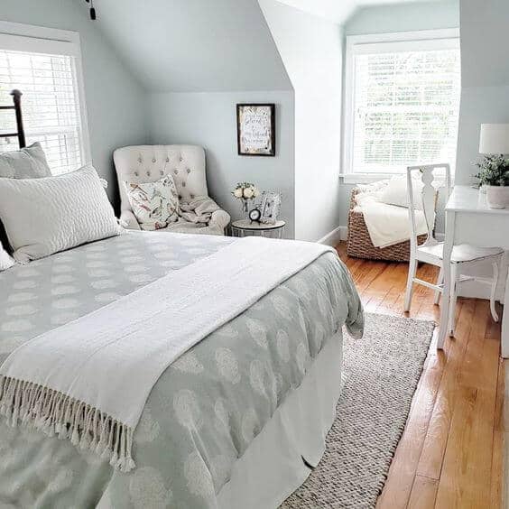 cottage bedroom painted with Benjamin Moore Quiet Moments