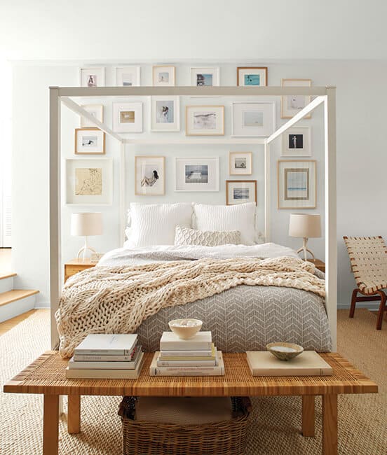 coastal grandmother style bedroom with benjamin moore white wisp walls