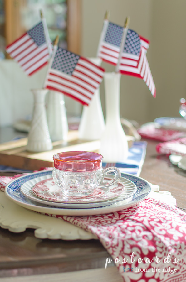 vintage thrift store red white and blue dishes