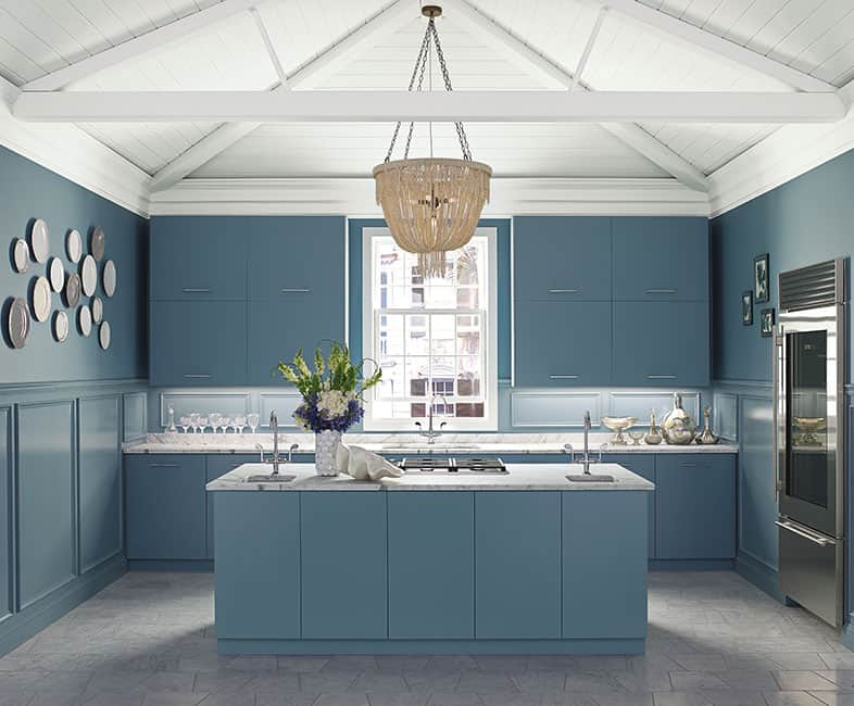 kitchen with cabinets painted in bm province blue