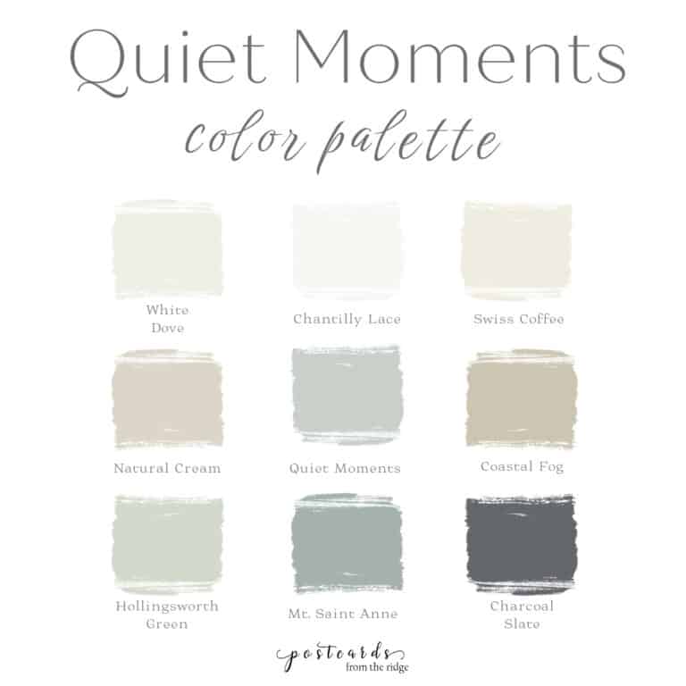 swatches of paint colors that coordinate with Benjamin Moore Quiet Moments