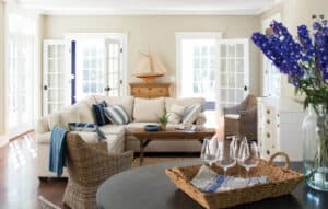 coastal grandmother style living room with benjamin moore revere pewter walls