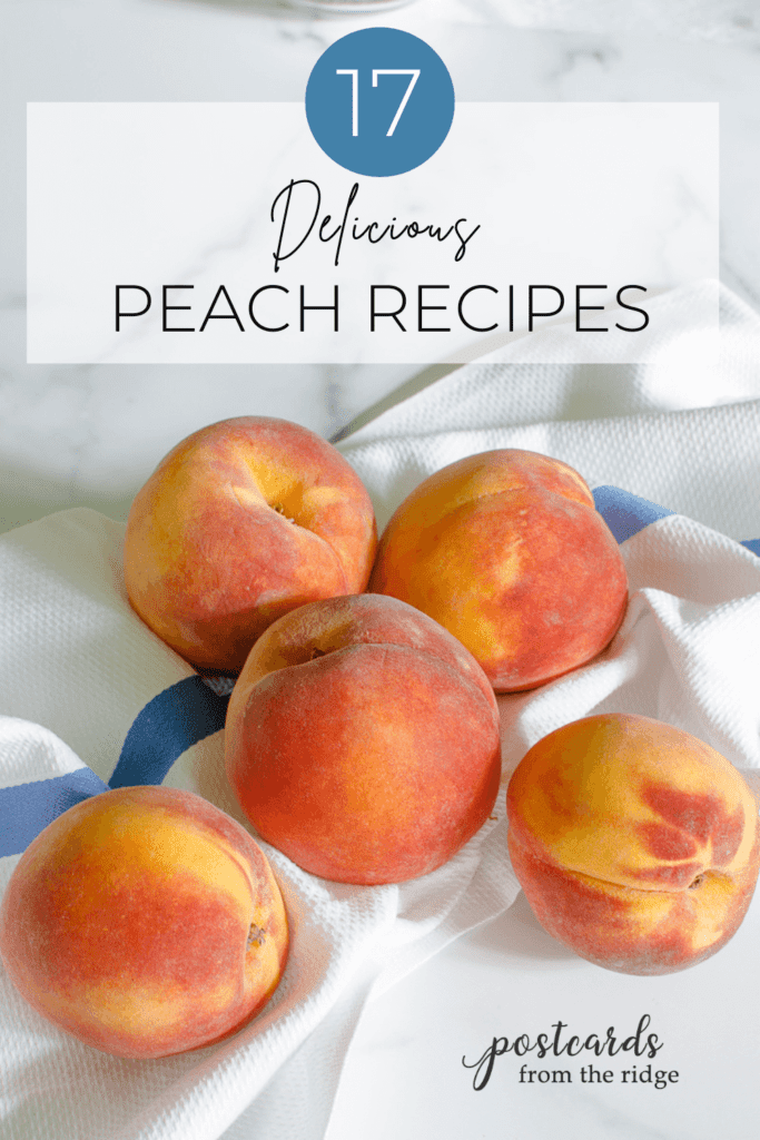 fresh peaches on a blue stripe kitchen towel