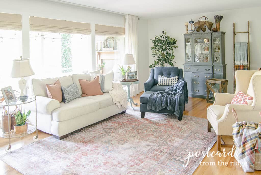 living room with area rug and white sofa