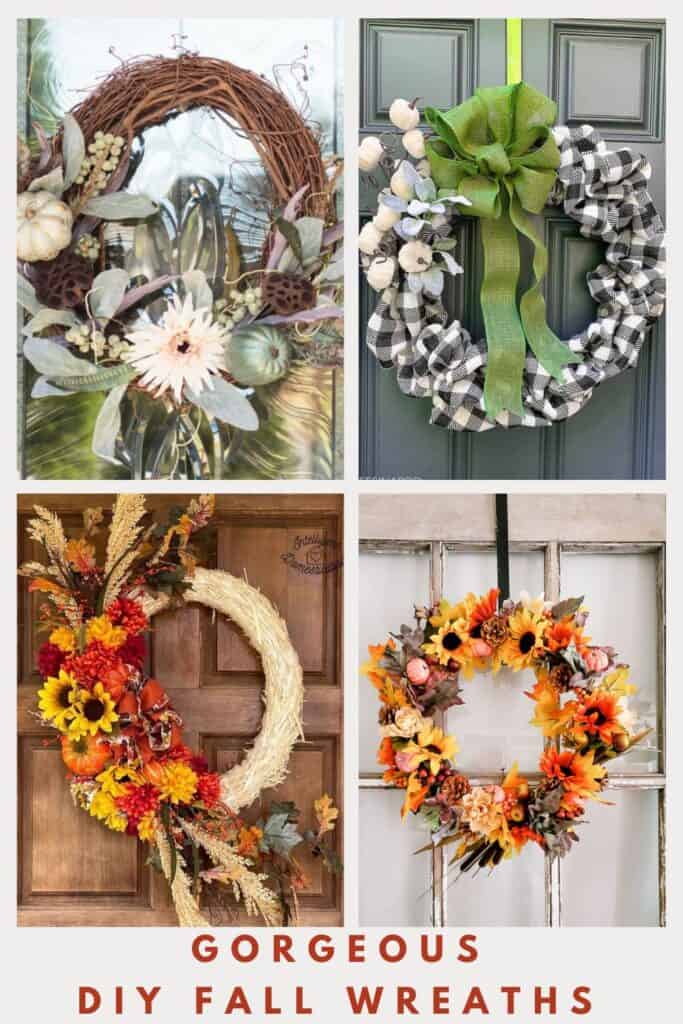 Pin collage with 4 images of fall wreaths with text 