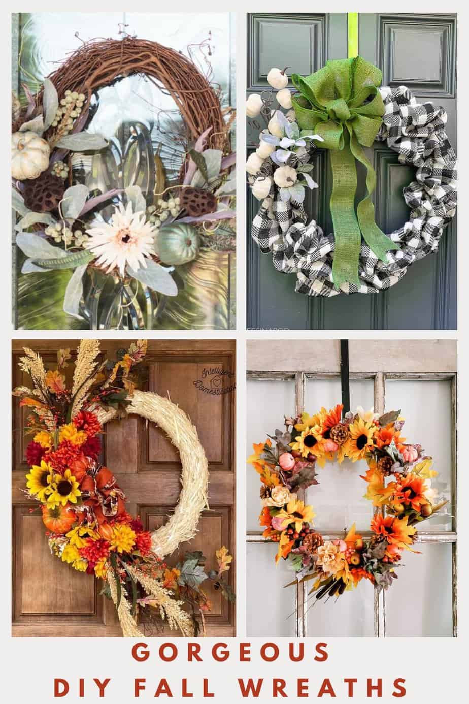 Pin collage with 4 images of fall wreaths with text