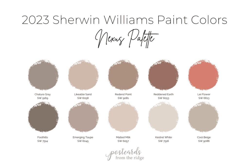 color swatches from the nexus palette of the 2023 sherwin williams paint color forecast