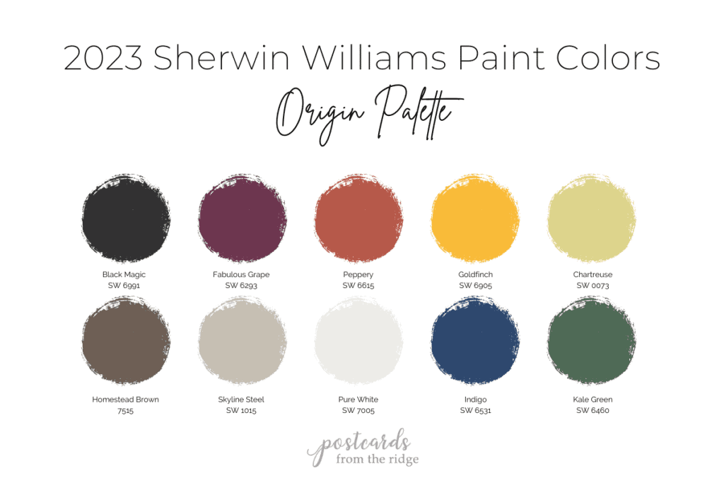 color swatches from the origin palette of the 2023 sherwin williams paint color forecast