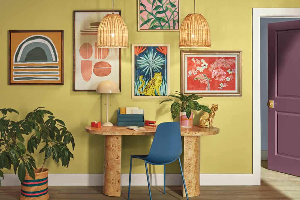 room with colorful art and walls painted in sherwin williams chartreuse