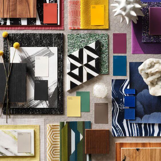 tile paint and fabric samples in bold colors