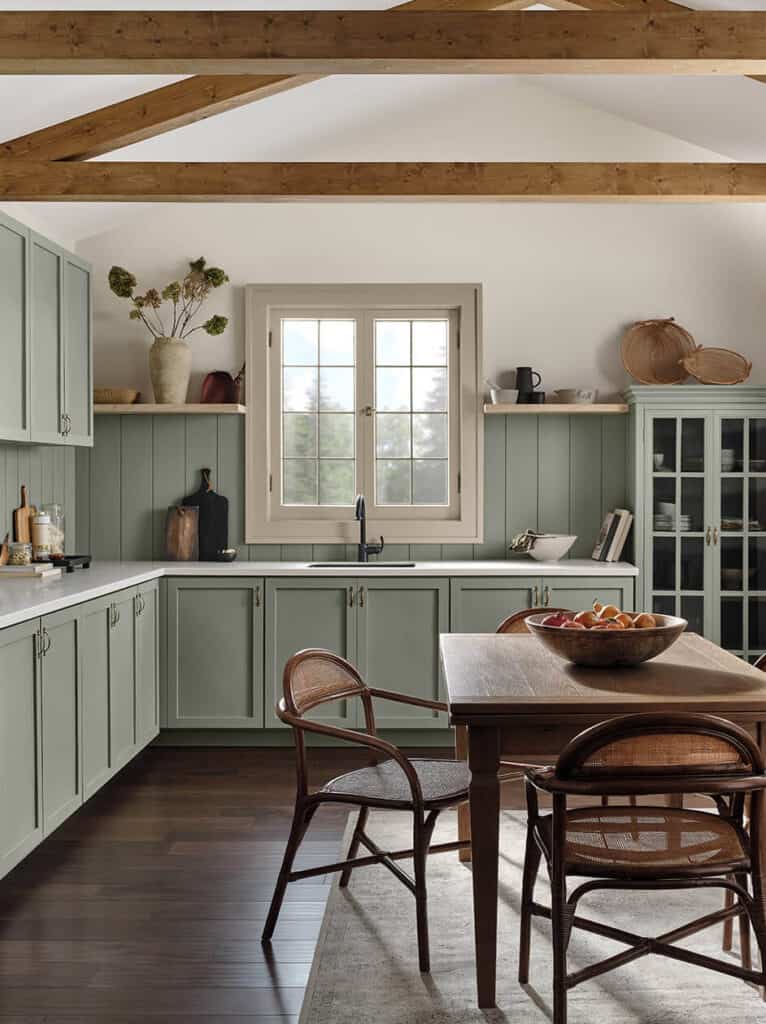 kitchen cabinets painted with Sherwin Williams Evergreen Fog