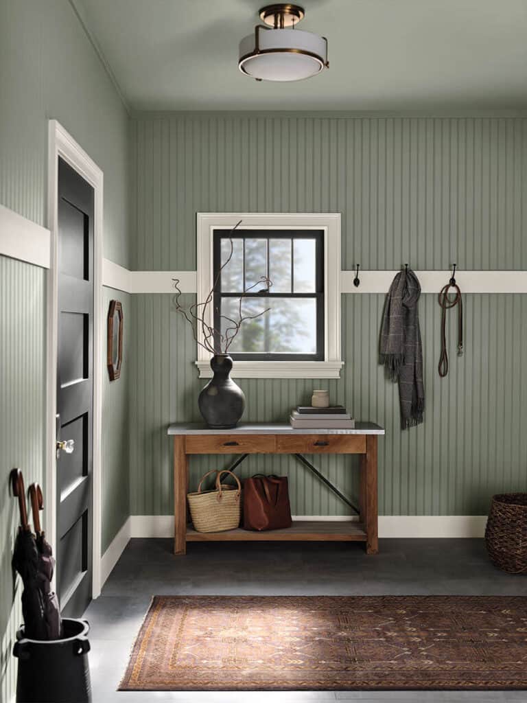 mudroom painted with Sherwin Williams Evergreen Fog