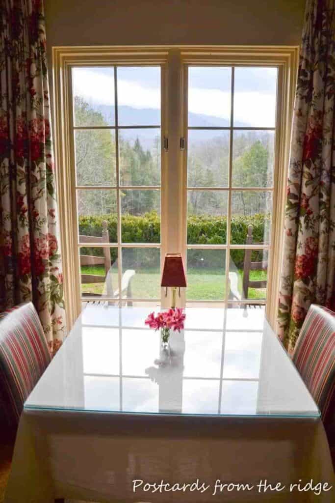 Buckhorn Inn, Gatlinburg, TN dining room table with mountain view