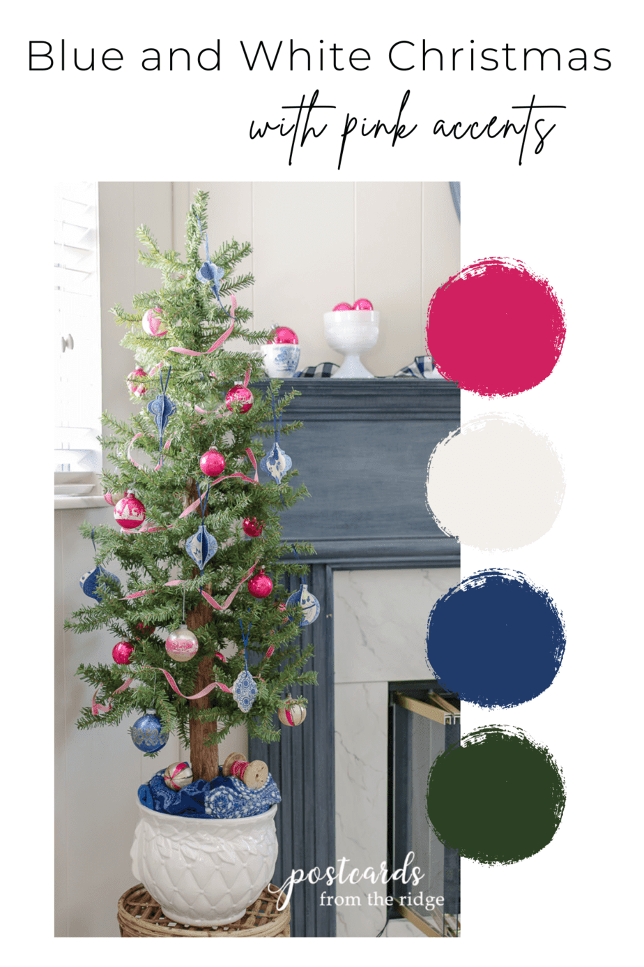 pink and blue decorations on small Christmas tree