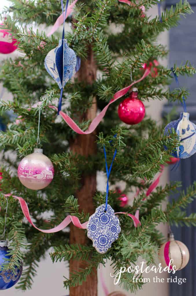 Christmas tree with pink, blue, and white