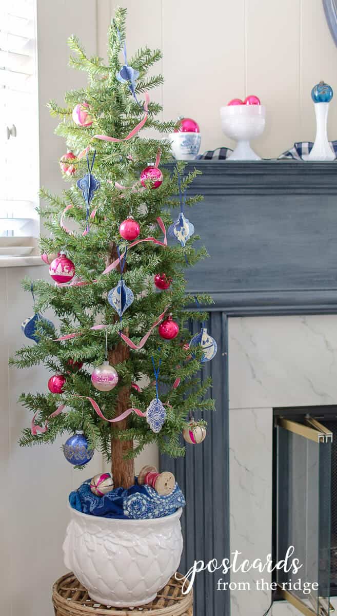 Pink, blue, and white Christmas ornaments