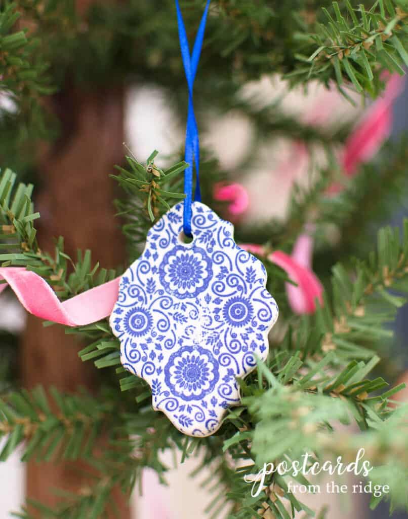 blue and white handmade stoneware ornaments