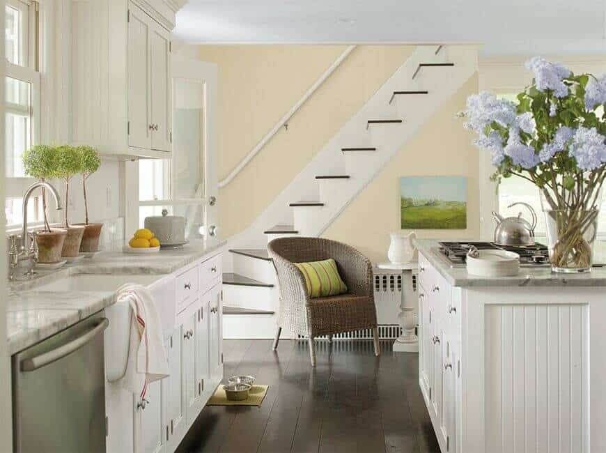 white dove cabs and stairs clay beige walls