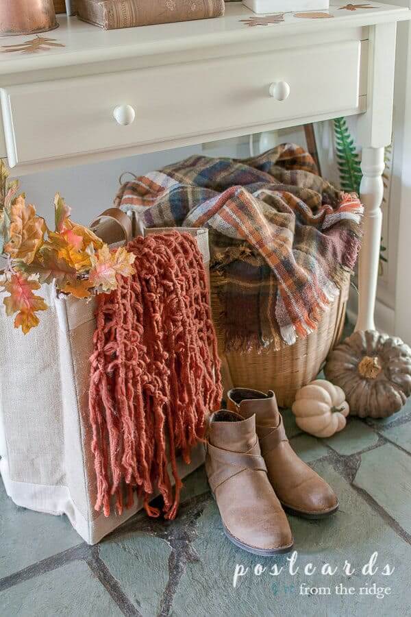 plaid blanket scarf and realistic faux pumpkins